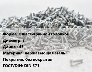 Шуруп с шестигранной головкой 3х45 нержавеющая сталь без покрытия ГОСТ: DIN 571
